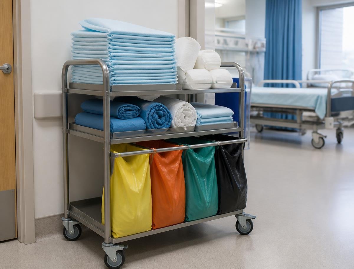 Hospital ward trolley stacked with underpads, bed sheeting and colour-coded waste bags