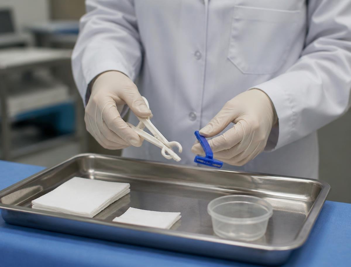 Clinician handling a sterile cord clamp and gauze on a stainless procedure tray