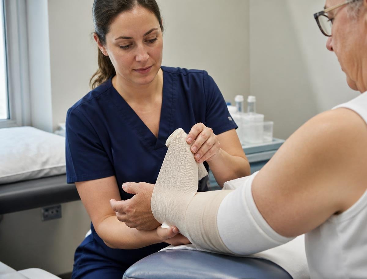 Nurse applying an orthopaedic bandage to a patient's ankle in a clinic