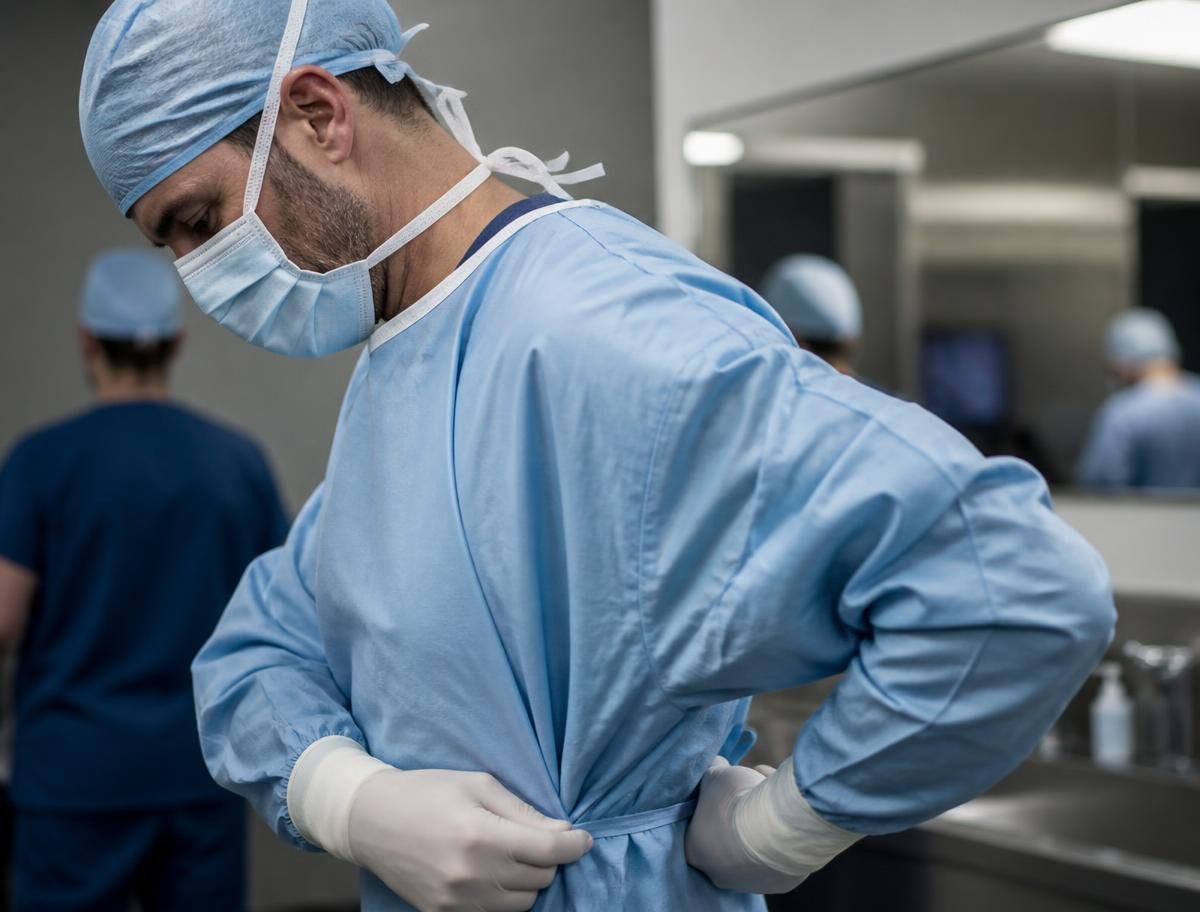 Surgeon tying a disposable surgical gown while wearing a cap, mask and gloves