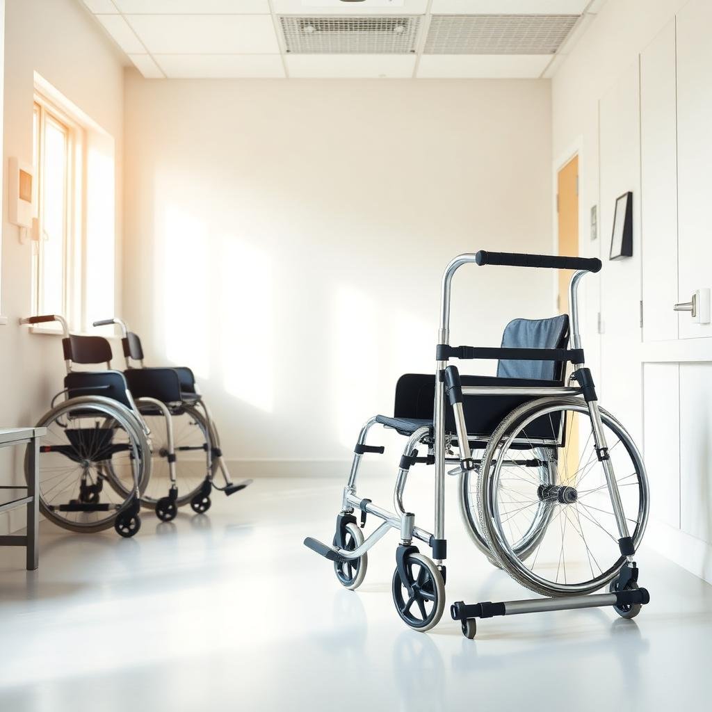 Wheelchairs and mobility aids arranged in a bright clinic rehabilitation room