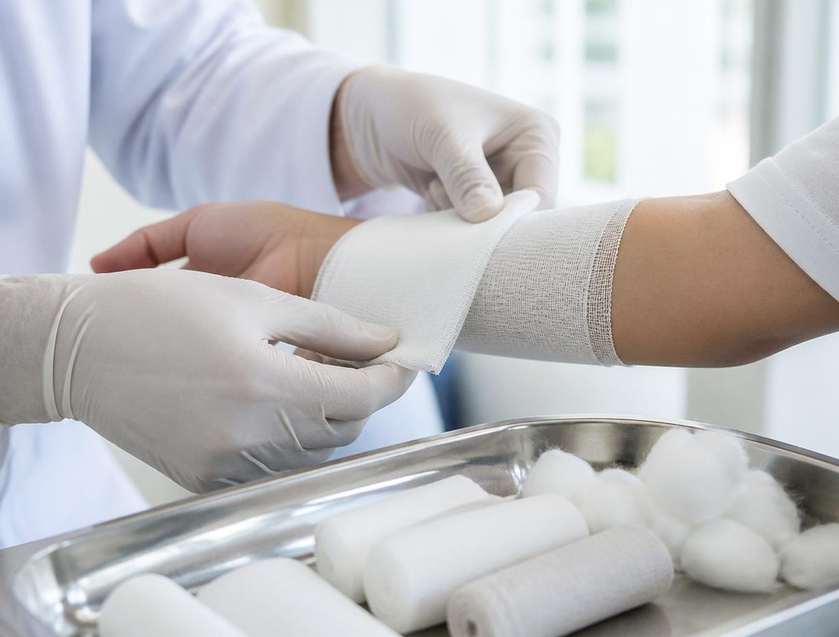 Gloved clinician applying a gauze bandage beside a tray of gauze rolls and cotton