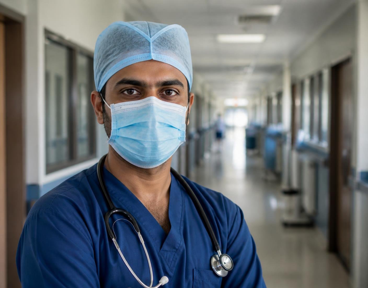 Doctor wearing a disposable three-ply face mask and cap in a hospital corridor