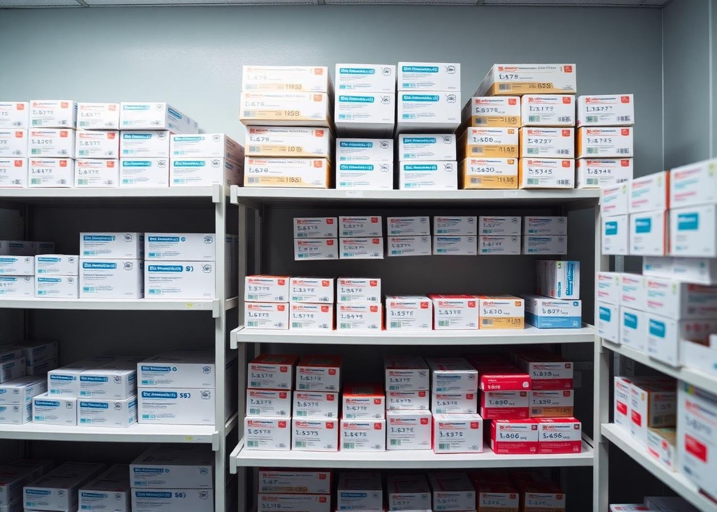 Hospital supply room with stacked cartons of medical consumables