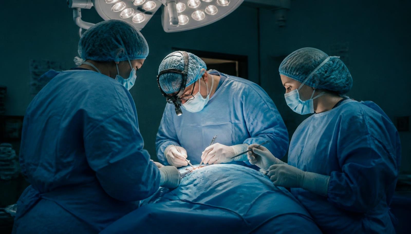 Surgical team in disposable gowns, caps, masks and gloves working under theatre lights